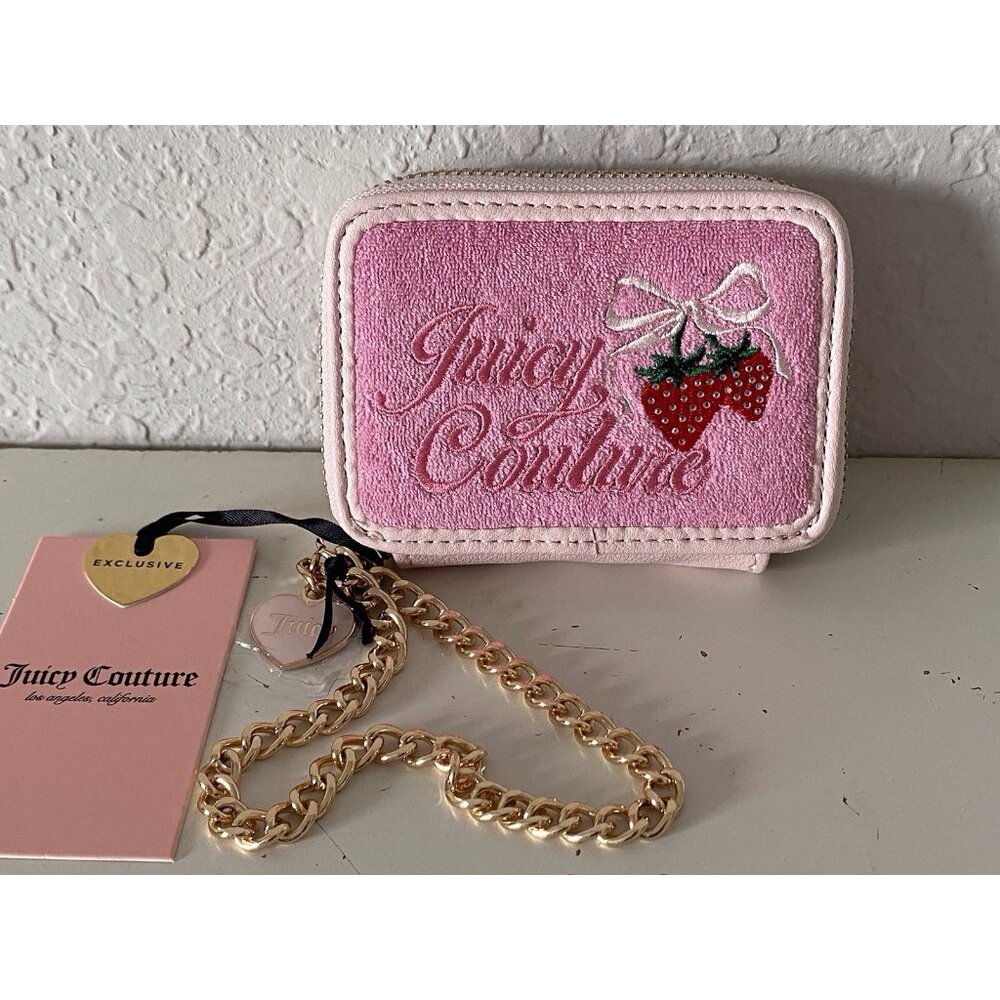 Juicy Couture Square Card Case Zip Around Wristlet Cherry Retro Strawberry NEW
